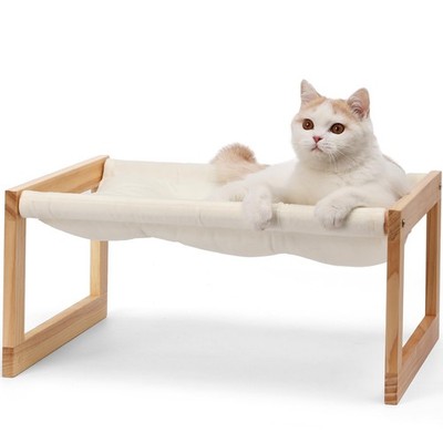 FUKUMARU Katzenbett mit abnehmbarem Bezug, Plüsch Samt Couch für Indoor Katzen, Holz