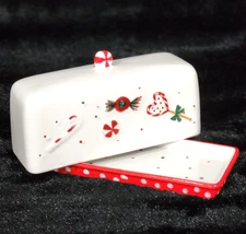 Potter's Studio Christmas Butter Dish 7.5" Red White Peppermint Candy Polka Dots