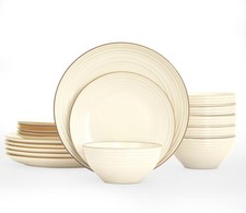 Image of 18pc Stoneware Dinner Set Cream White Gold Rim Plates Bowls Dishwasher Safe