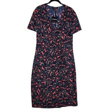 Liz Claiborne Dress Women's 16 Blue Red Faux Wrap Rusched Waist Office Career