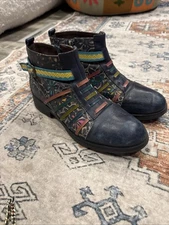 Socofy  Western Leather Side Zip Ankle Boots Orange EU 40 Size 9.5 US Floral