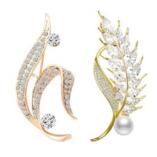 Set Of 2 Rhinestone Brooch Pins Elegant Gold Crystal Floral Wedding Bouquet