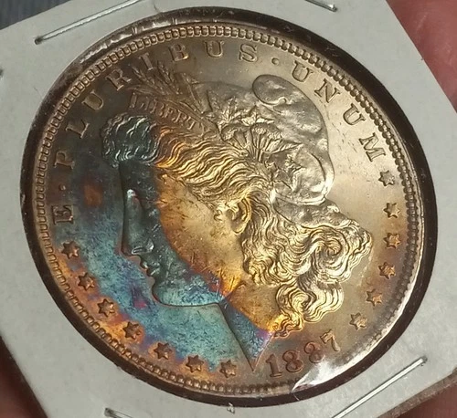 Stunning 1887-P Crescent Rainbow Toned Morgan Silver BU Gem Pulled From PCI Slab