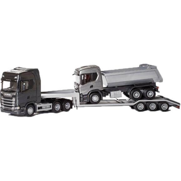 Maquette Scania S 6x4 noir avec porte-engin EMEK haute finition plastique échelle 1/25 de collection