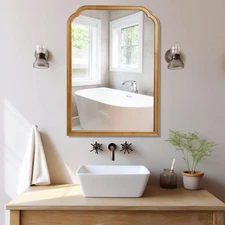 Wood Frame Wall Mirror Rounded Corner Arch Rectangle Mirror for Entryway, Living