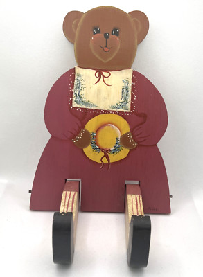Hand Painted Wooden Bear Folk Art Cottage Core Farmhouse Movable Legs Signed Vtg
