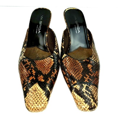 snakeskin print mules