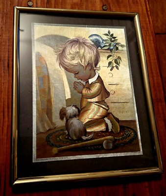 Rare Vintage 1980 Framed Coby Foil Print Boy Praying Prayer Child's ...
