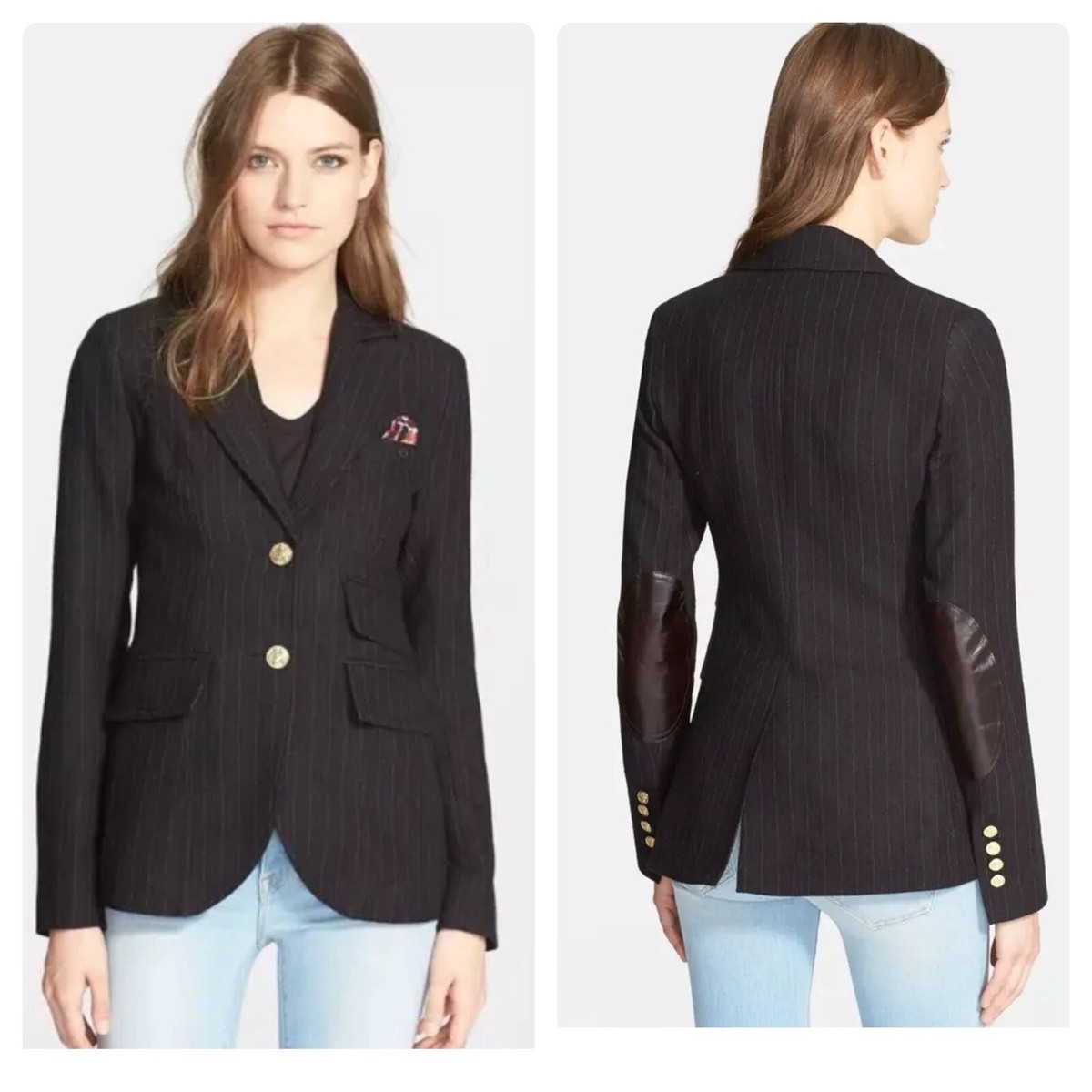 SMYTHE Black Pinstripe Elbow Patch Blazer Jacket Elbow Patch Runs Small