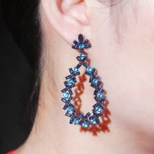 Blue Flower Bridal Long Drop Earrings for Women Black Gold Plated Zircon Jewelry