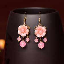 Pink Jade Flower Earrings Natural Women Jewelry 925 Silver Vintage Gifts