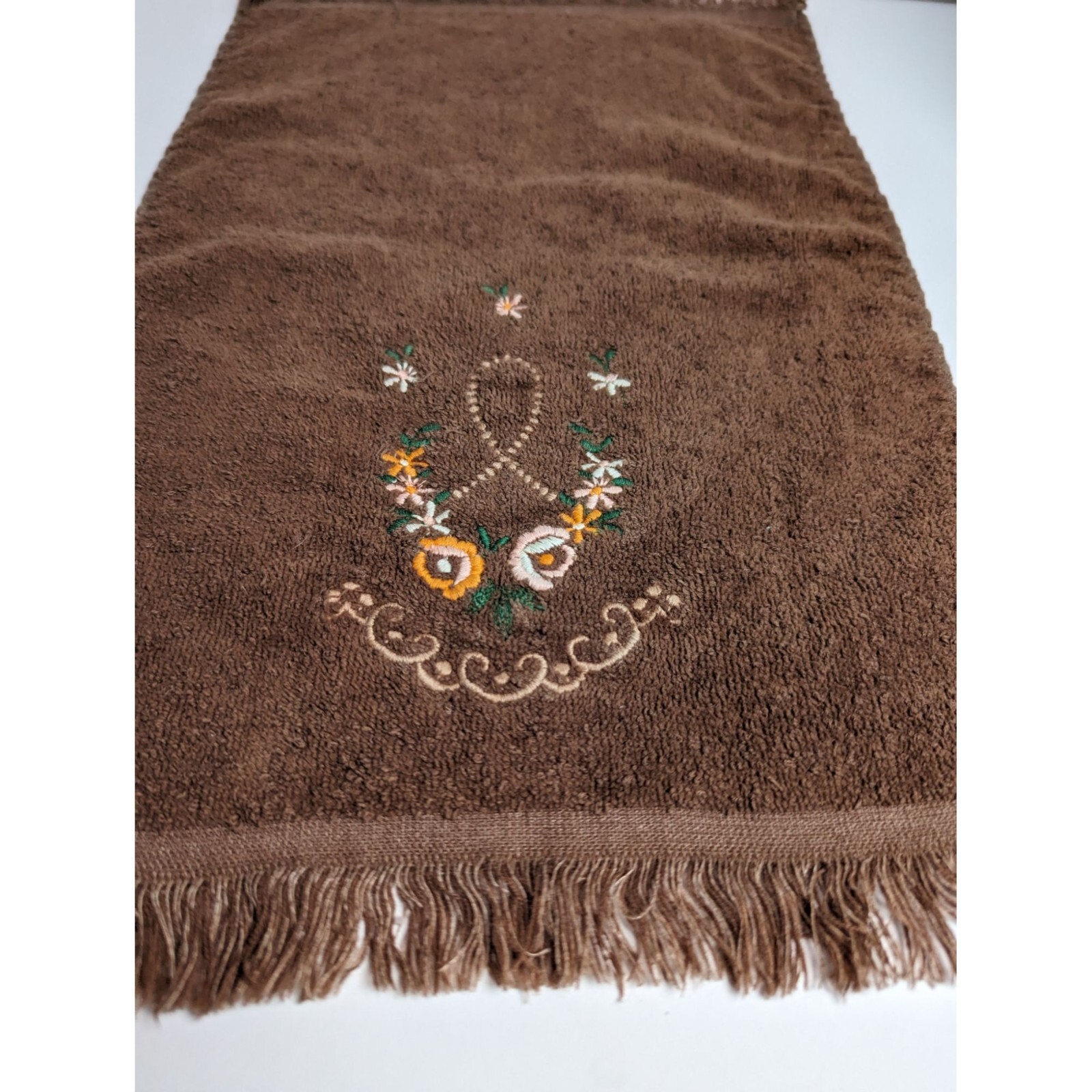 VTG Cannon fingertip towel dark rich brown fringe peach orange flower dot ribbon