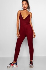 Boohoo Women's Berry Red Sleeveless Wrap Front V Neck One Piece Jumpsuit Size 6