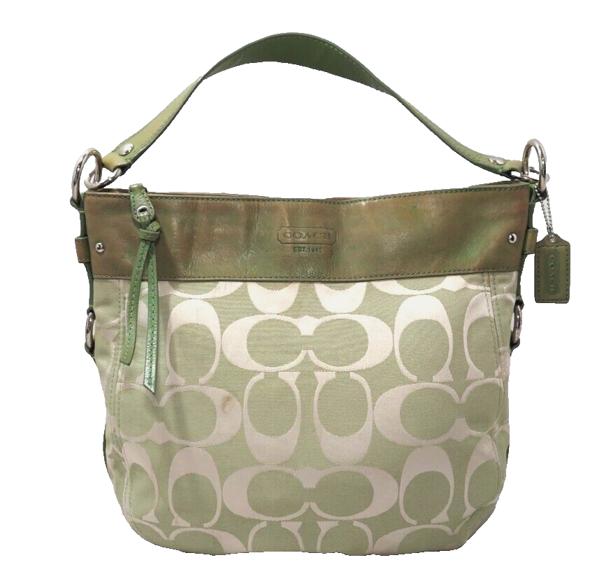 RARE! Coach Signature Canvas Lime Green Shoulder Bag Purse F14709 Leather trim