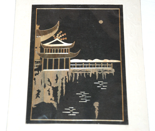 CHINESE STRAW PATCHWORK Bamboo Leaf Rice Asian Linen Fabric Folk Art 1940's Old - Picture 8 of 9