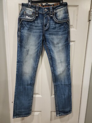 ROCK REVIVAL Jeans Mens  San Francisco Slim Strait Thick Stitch Embroidered 32