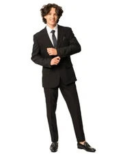 Slim Fit 2 Button Mens Solid Black Suit Peak Lapel Semi Stretch 9936 By AZAR MAN