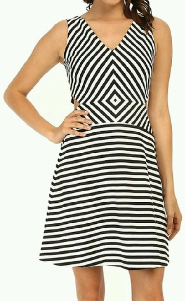 NUOVO! Abito Michael Kors nero bianco stampato a righe taglia 8 14