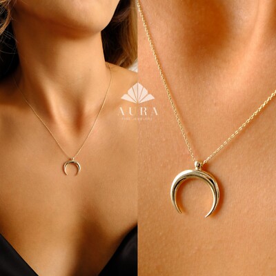 14K Gold Mondsichel Halskette, Gold Horn Charm Anhänger, zierliche Goldkette