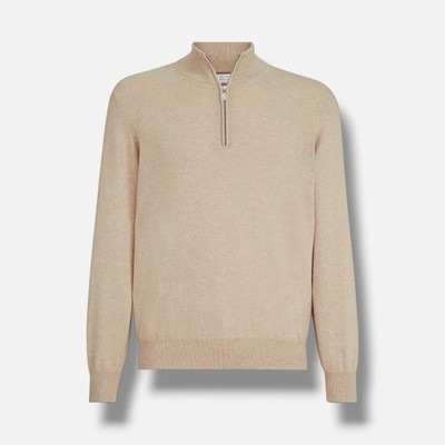 Brunello Cucinelli Men's Beige Cashmere Sweater with Half Zip Size 54
