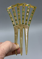 Antique ART DECO Green Rhinestone HAIRCOMB Celluloid Fan Hair Ornament