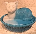 Vintage Westmoreland Cat on a Nest Blue and White Swirl "Slag" Milk Glass