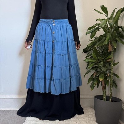 Mlle Gabrielle Blue Tiered Wooden Button Down boho midi Skirt - XL