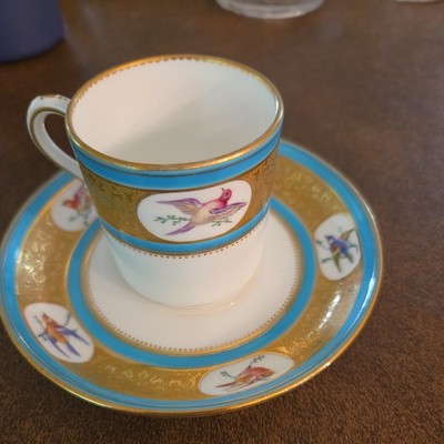 Antique 19th C. Minton porcelain cup & saucer in Celeste blue with painted birds