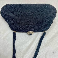 Vintage, Richere, Black Beaded Evening Bag with Rhinestones Clasp 6in x 9in