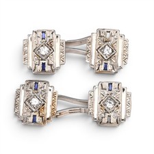 ANTIQUE ART DECO OLD EUROPEAN CUT DIAMOND SAPPHIRE CUFFLINKS PAIR 18K WHITE GOLD
