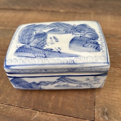 Blau & weiß Vintage chinesisches Dorf Porzellan Keramik Deckel Schmuckschatulle T 2710 