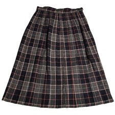 Vintage Pure New Wool Skirt Pleated UK Green Navy Blue Plaid UK 10 USA Size 12