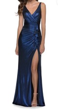 Blue Satin Sleeveless Gown with Ruched Ruffle, V-Neck, High Slit, Long Length
