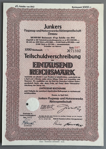 Historische Aktie / Junkers Flugzeug- und Motorenwerke / 1000 Reichsmark 1942 - Picture 1 of 3
