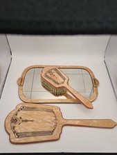 Vintage Art Deco Celluloid Vanity Set Peach Mirror Brush Tray