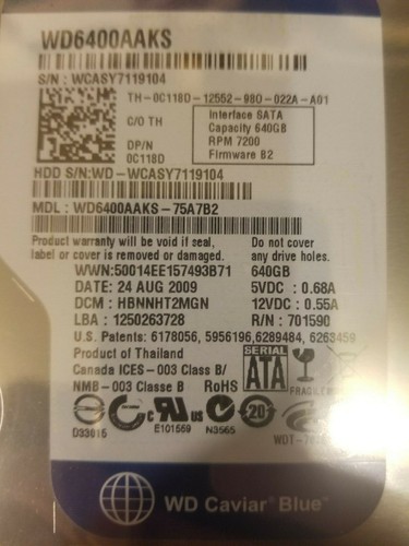 WD WD6400AAKS-75A7B2 640GB SATA 3.5" HD DCM: HBNNHT2MGN FW B2 WD6400AAKS - Picture 2 of 2