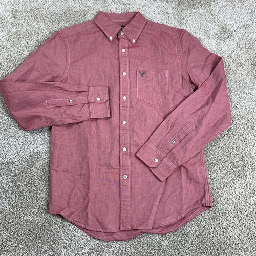 Camisa con botones American Eagle para hombre pequeña roja manga larga calce clásico
