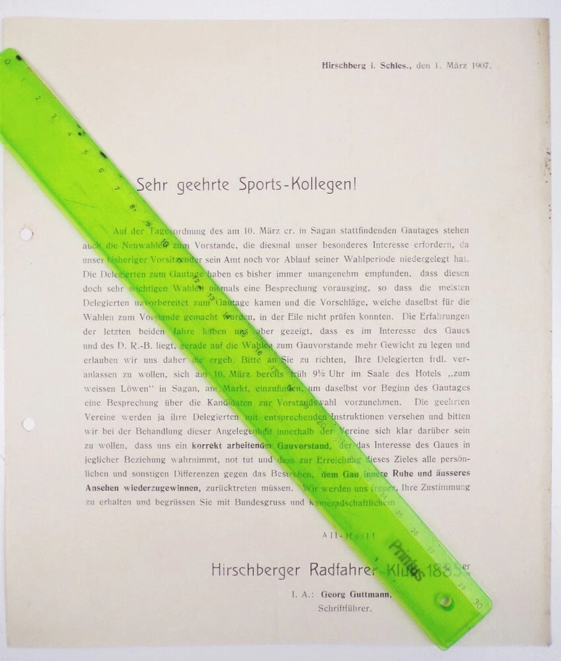 Dokument Hirschberger Radfahrer Klub 1885 Anschreiben Hirschberg Schlesien 1907 - Bild 2 von 3