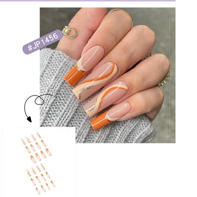 French Long Coffin Full Press On False Nails Orange Glitter Wave Fake Nails Ebay