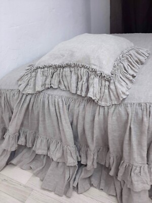 Linen Pillow sham double ruffle around buttons closure natural linen bedding
