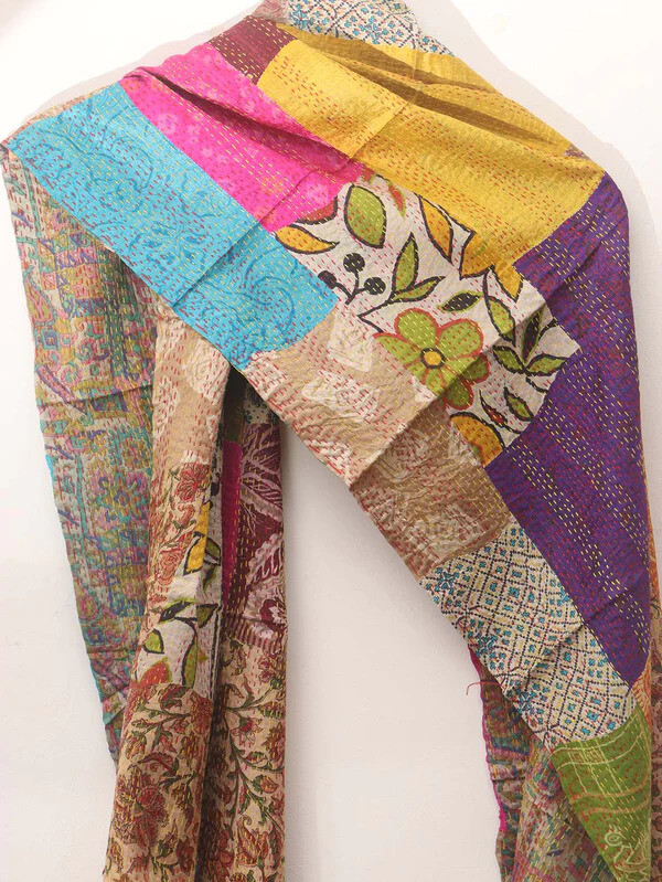 Patchwork Silk Kantha Scarves Handmade Vintage Reversible Sari Scarf