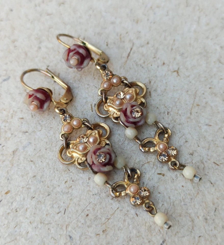 Michal Negrin Earrings Filigree Carved Rose Gold Plated Victorian Crystals Gift - Image 2 of 4