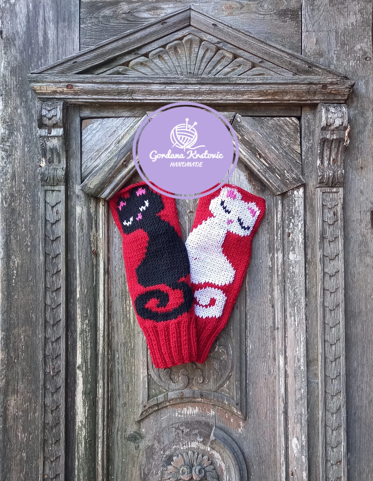 Handmade Cat Embroidered Fingerless Gloves Wool Cozy Black & White Cat Design