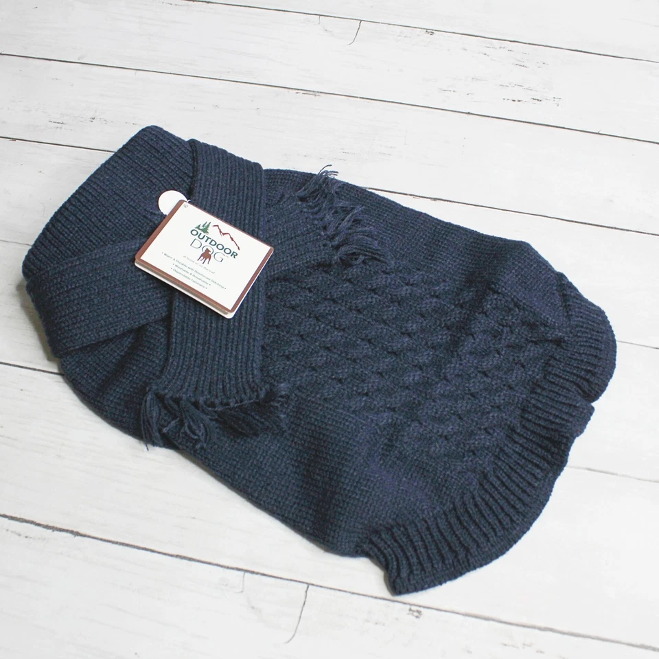 Outdoor Dog Blue Cable Knit Sweater Jacket Size M Winter Coat Fringe Scarf - Image 4 of 4