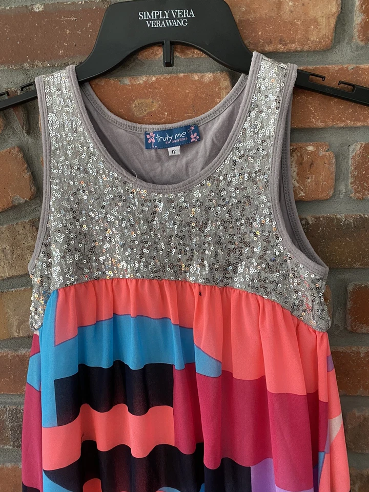 Truly Me Kids Girls Dress Sequin Sparkles Gray Rainbow Hi- Low Summer Size 12 - Image 3 of 4