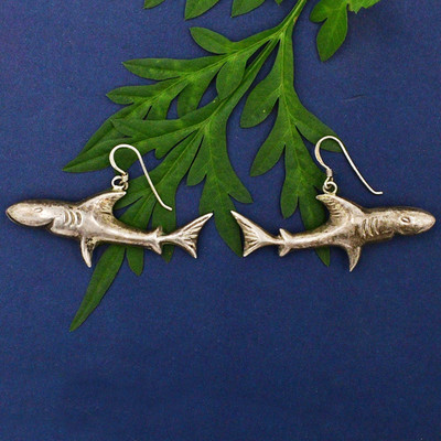 Sterling Silver 925 Swimming 3D Sharks Sea Life Dangle Earrings