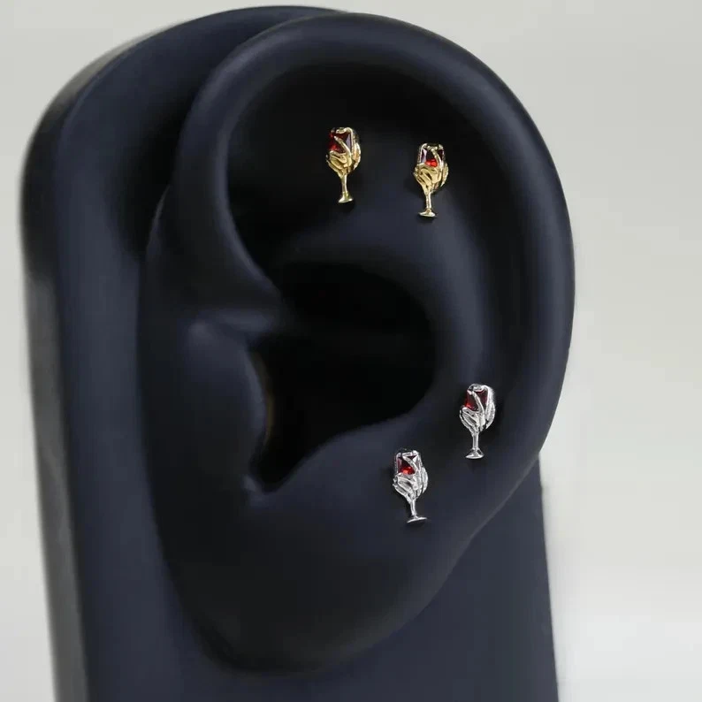 2 Ct Round Cut Simulated Garnet 14k Yellow Gold Plated Wine Glass Stud Earring - Image 2 of 4