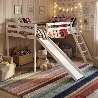Kinder Hochbett Etagenbett mit Rutsche und Unterbett Stauraum - Weiß Kiefernholz Design