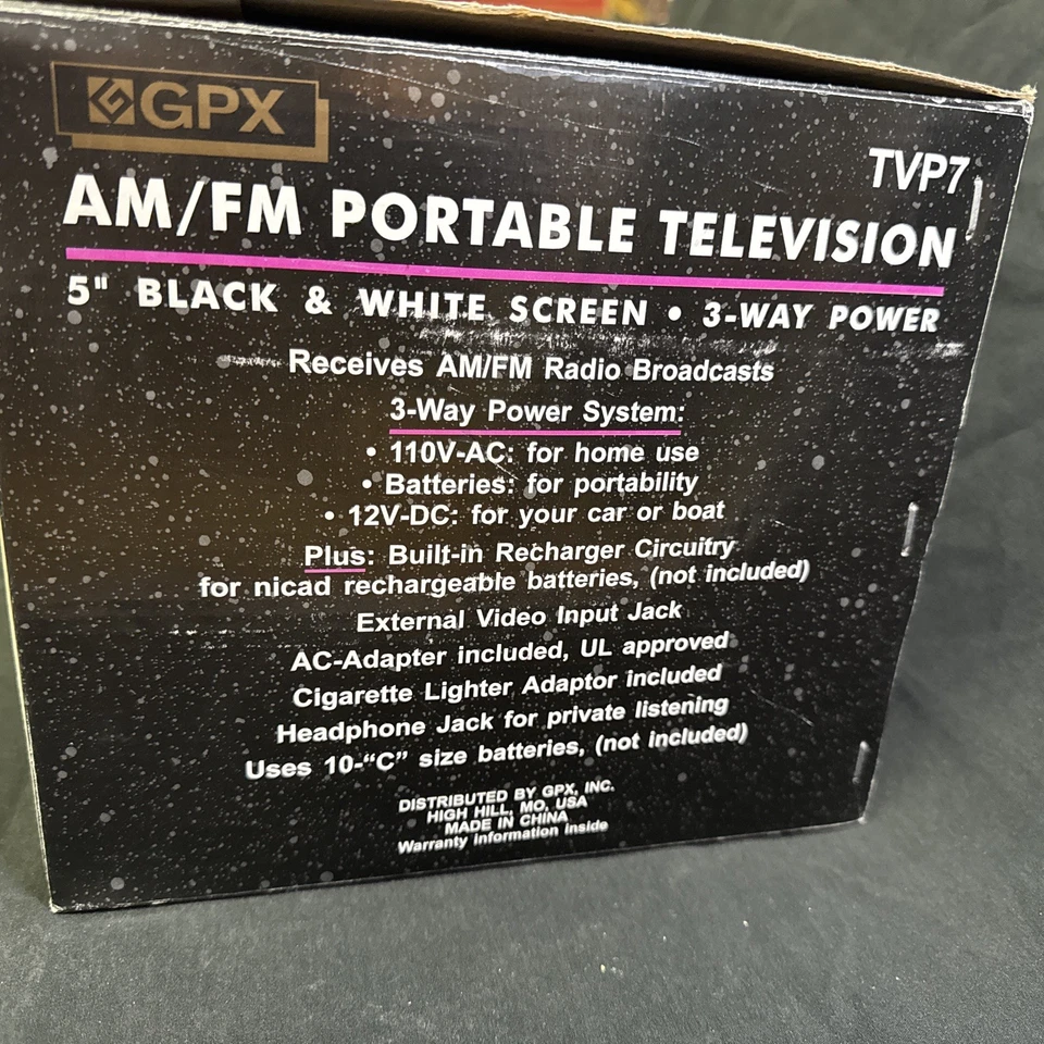 Mini TV GPX TVP7 AM/FM Portable Television Black & White 5” 3-Way Power NIB - Image 3 of 4