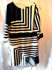 Tahari Arthur S Levine Womens 2 Black Ivory Geometric Shift Dress 3/4 Sleeve